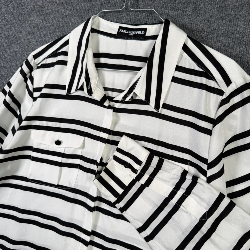 Karl Lagerfeld Striped Button Down Shirt Womens Medium White Black Roll Tab